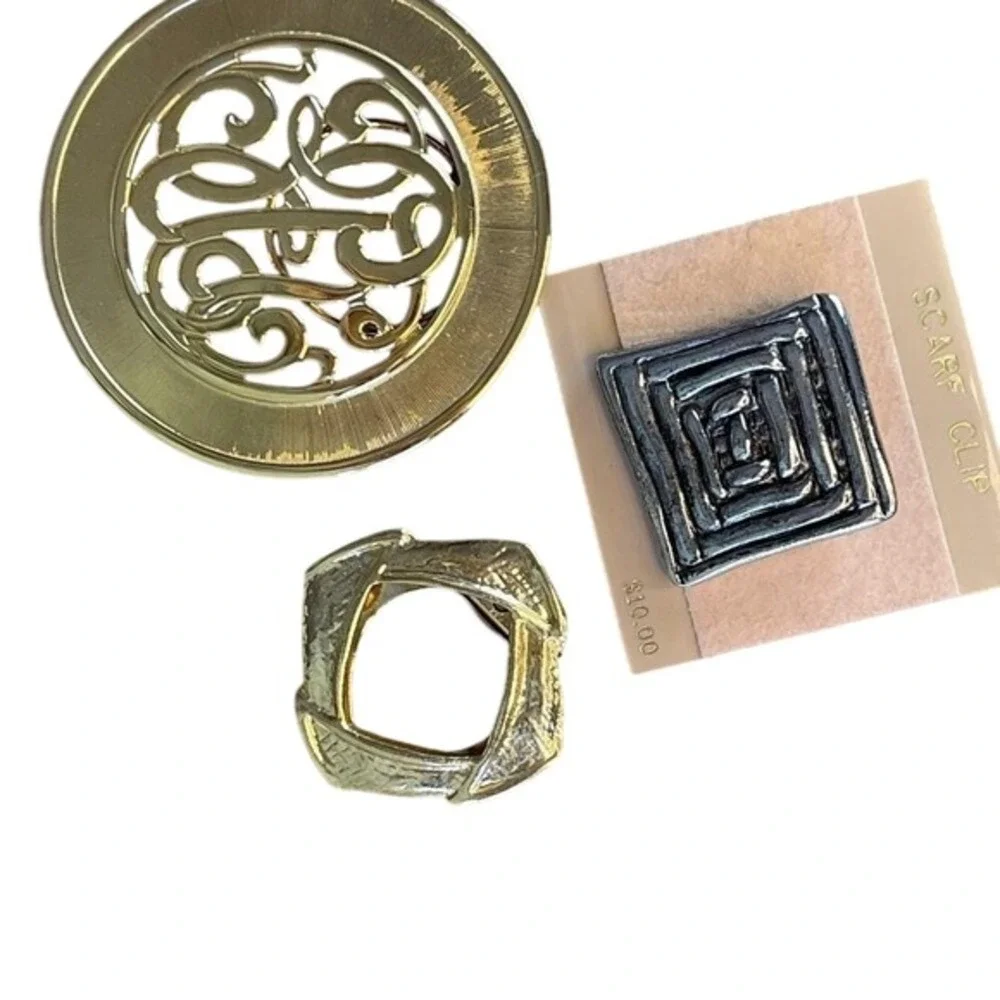 Scarf Clip Set Gold Silver Tone Vintage Geometric Filigree‎ 3pc Bundle